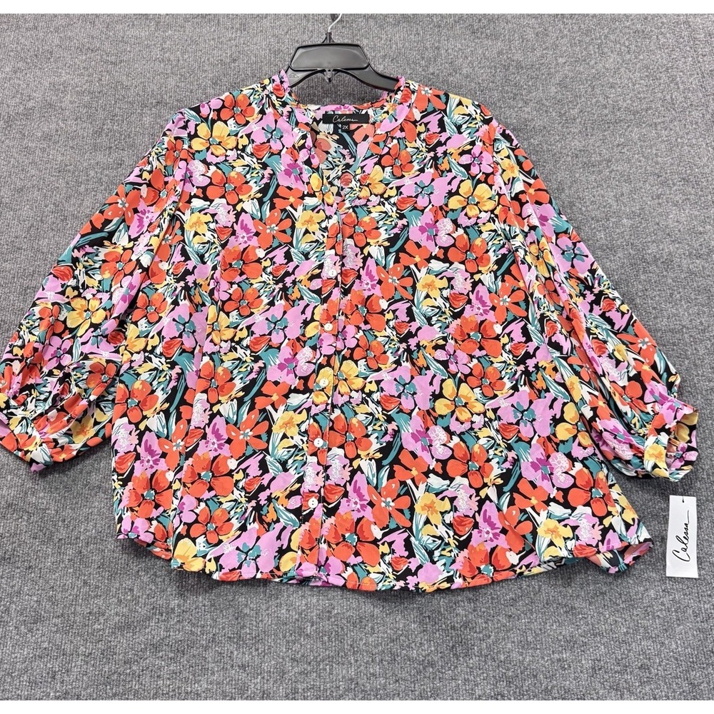 Calessa Top Blouse‎ Women 2X Button Up Colorful Floral Print NWT